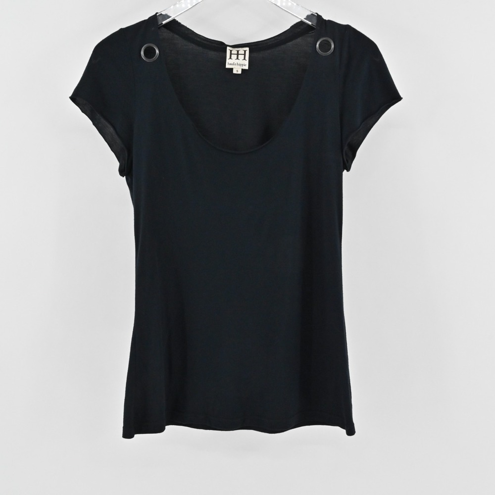Haute Hippie Gromet Black Top Womens Size S Grunge Gothic Scoop Neck Modal